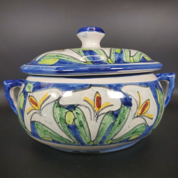 Vintage Talavera Calla Lily Covered Dish Hand Painted Mexican Pottery